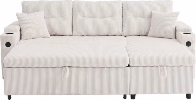 Divano letto 3 posti con chaise longue contenitore; USB-C e portabevande in velluto a coste beige