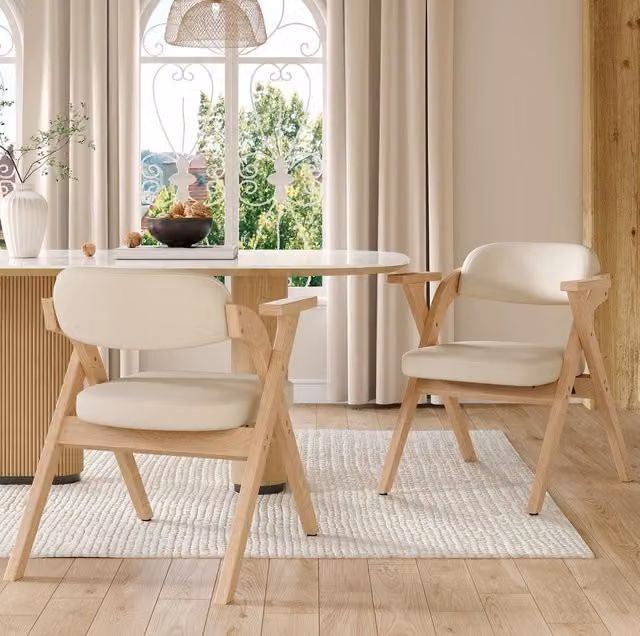 Set di 2 sedie da pranzo pieghevoli MODFU in legno massello laccato con cuscino in tessuto beige in stile scandinavo