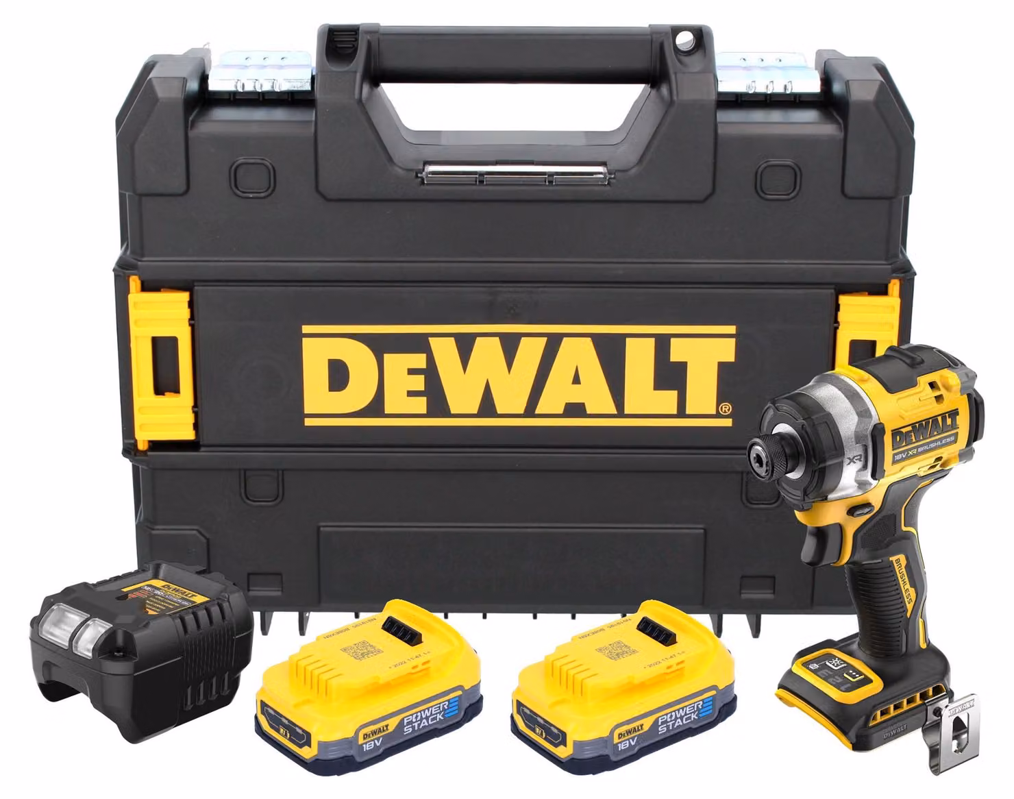 Avvitatore a impulsi a batteria DeWalt DCF 860 E2T 18 V 282 Nm 1/4" senza spazzole + 2x batteria Powerstack 1,7 Ah + caricabatteria + TSTAK