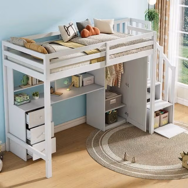 Letto a soppalco con scrivania e armadio - Xylo - 90x200 cm - Bianco - Scrivania, armadio, cassetti
