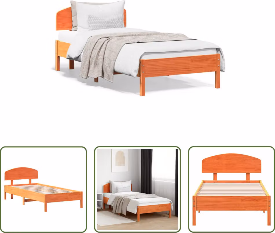 The Living Store Letto in legno massiccio con testiera marrone cera 100x200 cm pino