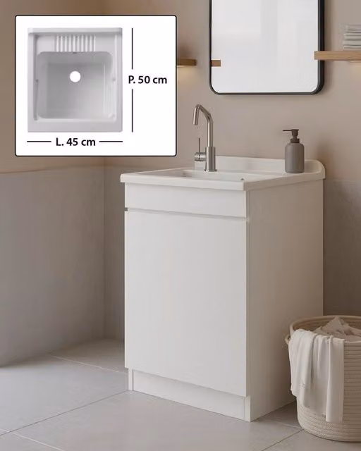 Mobile Lavatoio in legno Nobilitato Bianco con uno sportello e pilozzo lavabo in resina x lavanderia bagno Dimensioni (Larghezza x Profondità): L 45 x P 50 cm