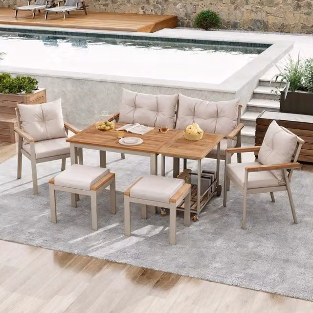 Set tavolo e sedie da giardino MIVRAY in legno di acacia beige per 6-7 persone con carrello removibile e cuscini idrorepellenti – 1