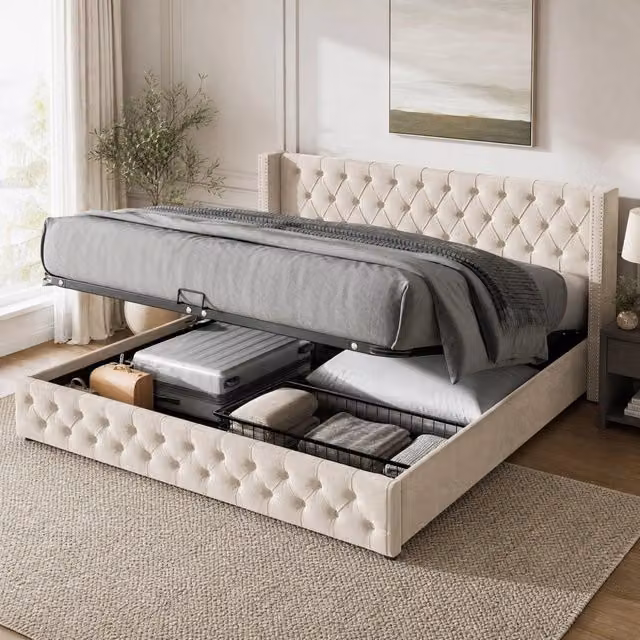 Letto matrimoniale 140x190 cm con contenitore idraulico in velluto; beige