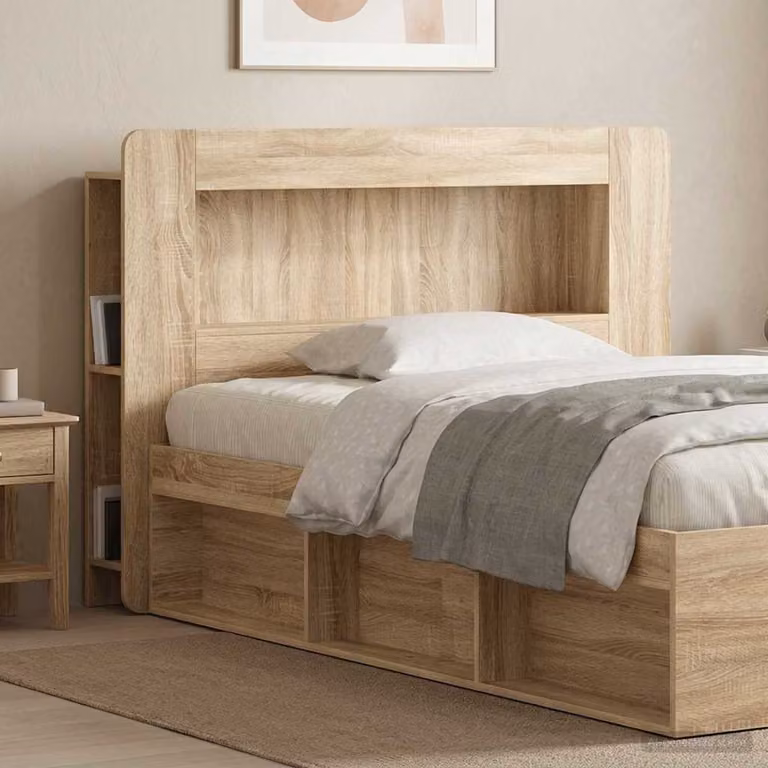 Testata del letto moderna vidaXL in legno ingegnerizzato Rovere Sonoma con ripiani integrati, colore marrone/beige
