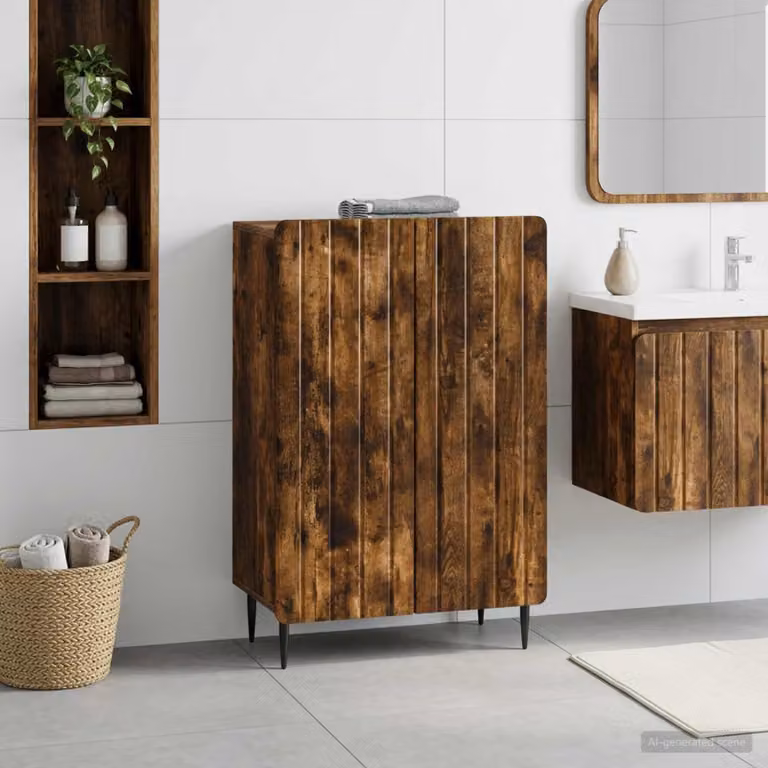 Mobiletto da bagno moderno vidaXL ZWOLLE in Rovere Fumo, L: 59,5 cm, P: 31 cm, H: 79,5 cm