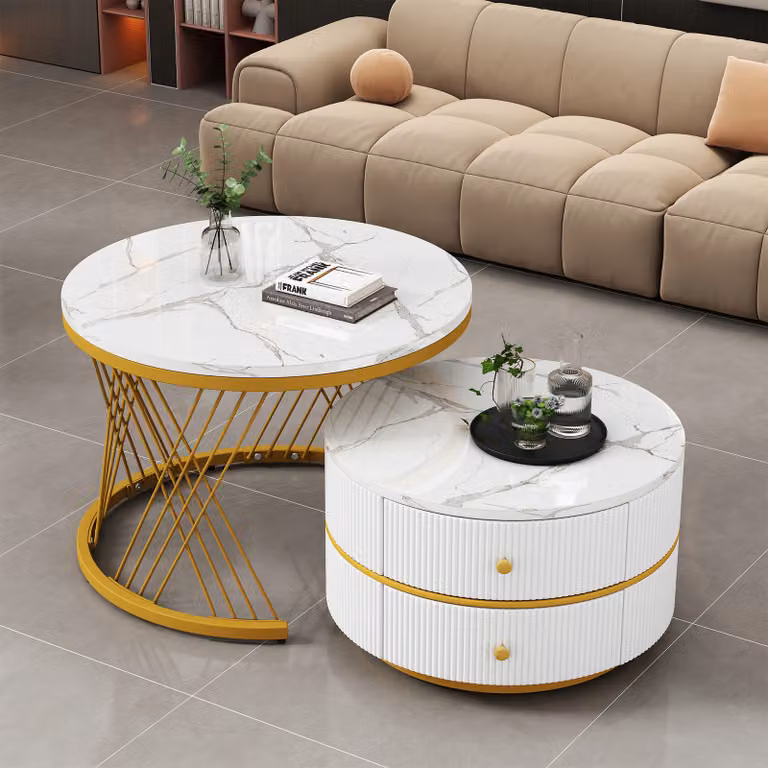 Set di tavolini STILVORA con finitura lucida, set da 2 tavolini da salotto con effetto marmo, tavolino con 2 cassetti, bianco + oro