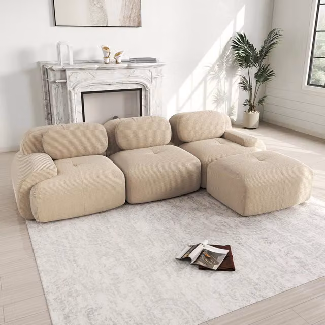 Divano angolare modulare 3 posti in velluto a coste beige, 298x178x70 cm, imbottitura 32D ad alta densità