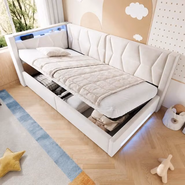 Letto singolo con contenitore Vovees Living in velluto beige con illuminazione LED e porte USB e Type-C, L/P: 90 x 200 cm