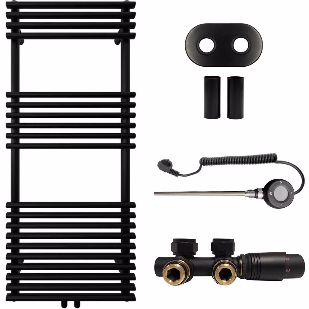 CERANO - Set radiatore da bagno Luigi - riscaldamento combinato, asta Wi-Fi - attacco centrale da 50 mm - 545 W - nero opaco - 1200 x 500 mm