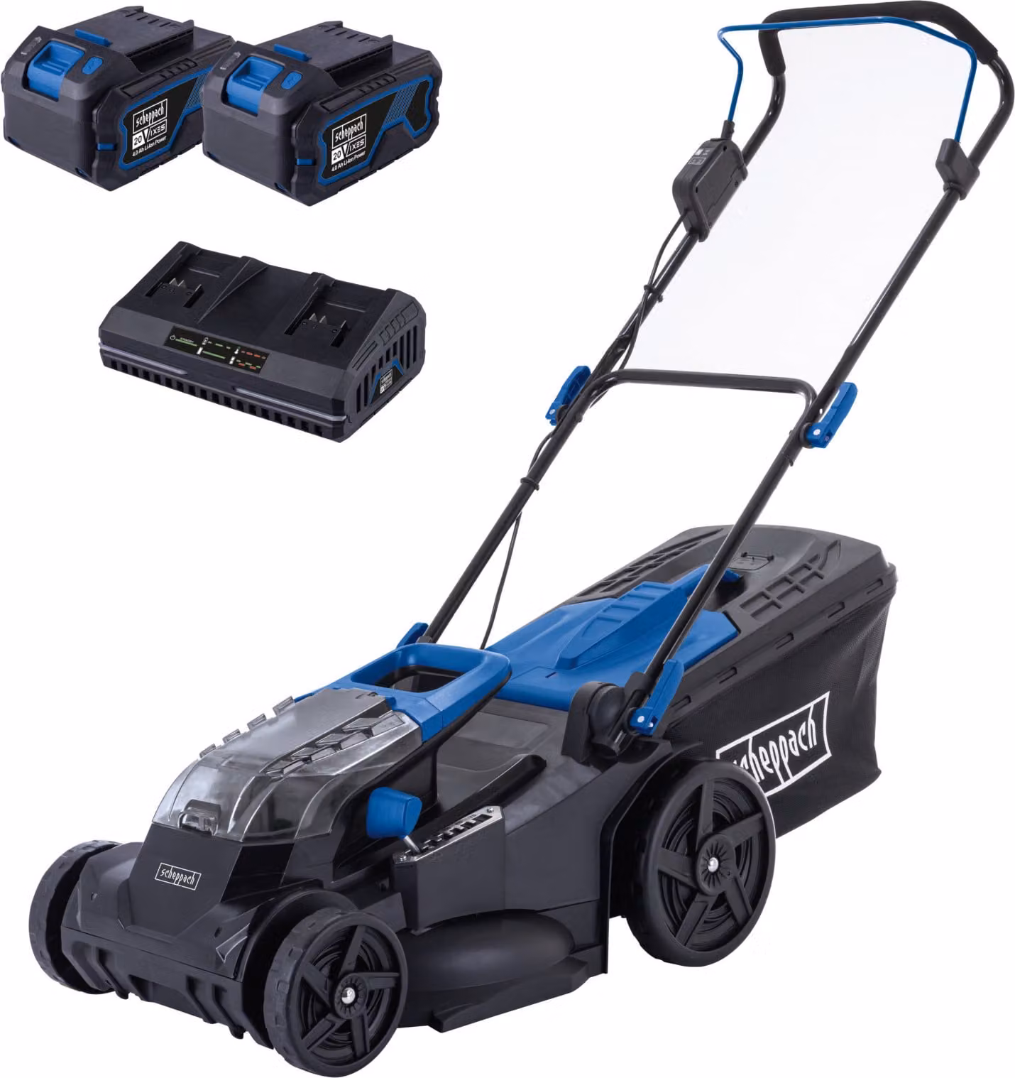 Tosaerba a batteria Scheppach BC-MP430-X incl. batteria da 2x 4Ah + caricatore doppio da 4,5A | batteria da 2x 20 V (40 V) | altezza di taglio in 6 fasi da 25 a 75 mm