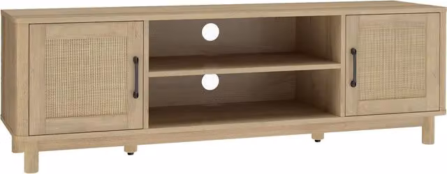 Mobile TV HOMCOM in rovere con ante in rattan e scomparti aperti, L 135 x P 39 x H 45 cm – 1