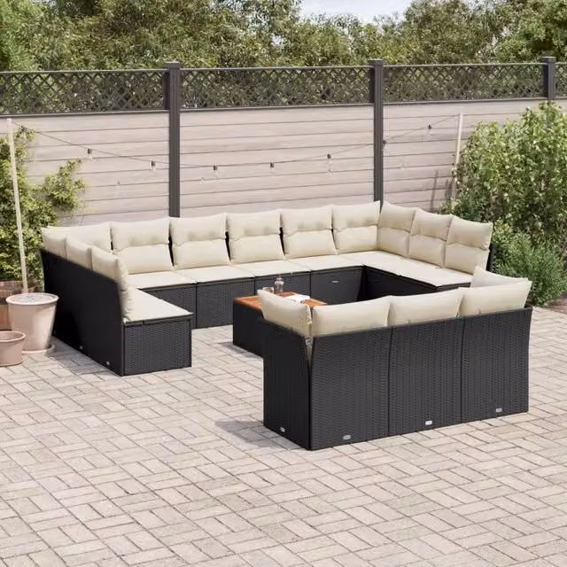 Set di Divani da Giardino a Forma di U VIDAXL in Polyrattan Nero con 14 Pezzi e Cuscini
