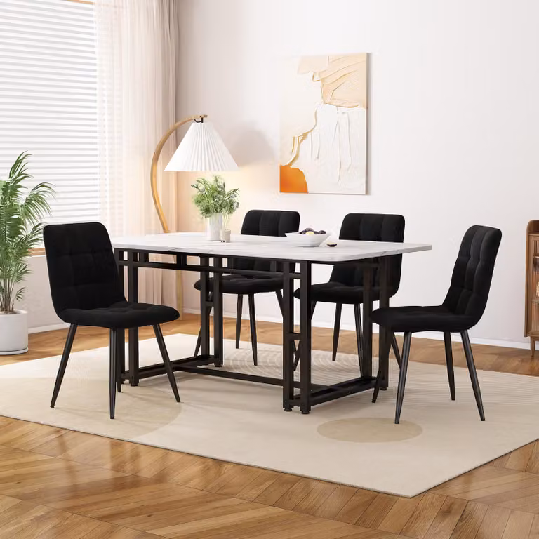 Sweiko 120x70cm Tavolo da pranzo nero con 4 sedie, Set tavolo da pranzo cucina moderna, sedie da pranzo in velluto nero, tavolo con gambe in ferro nero
