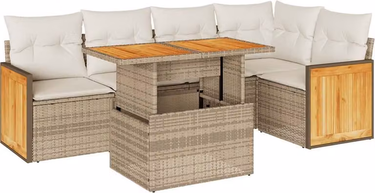 Set Divano da Giardino 6 pz con Cuscini Beige Polyrattan Acacia