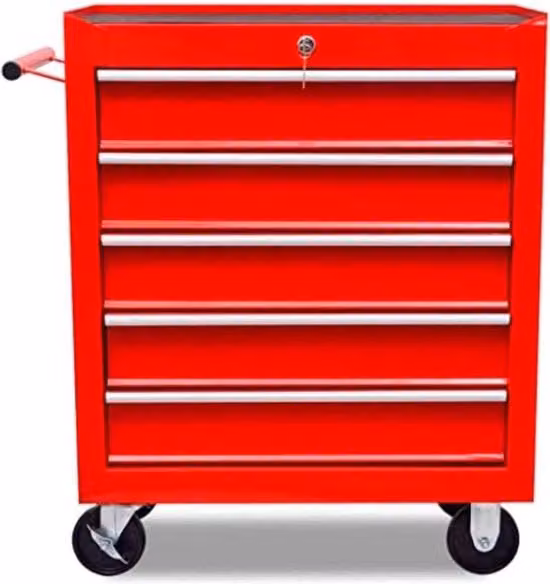 Carrello porta attrezzi rosso con 5 cassetti, su ruote e con piano di lavoro, chiudibile
