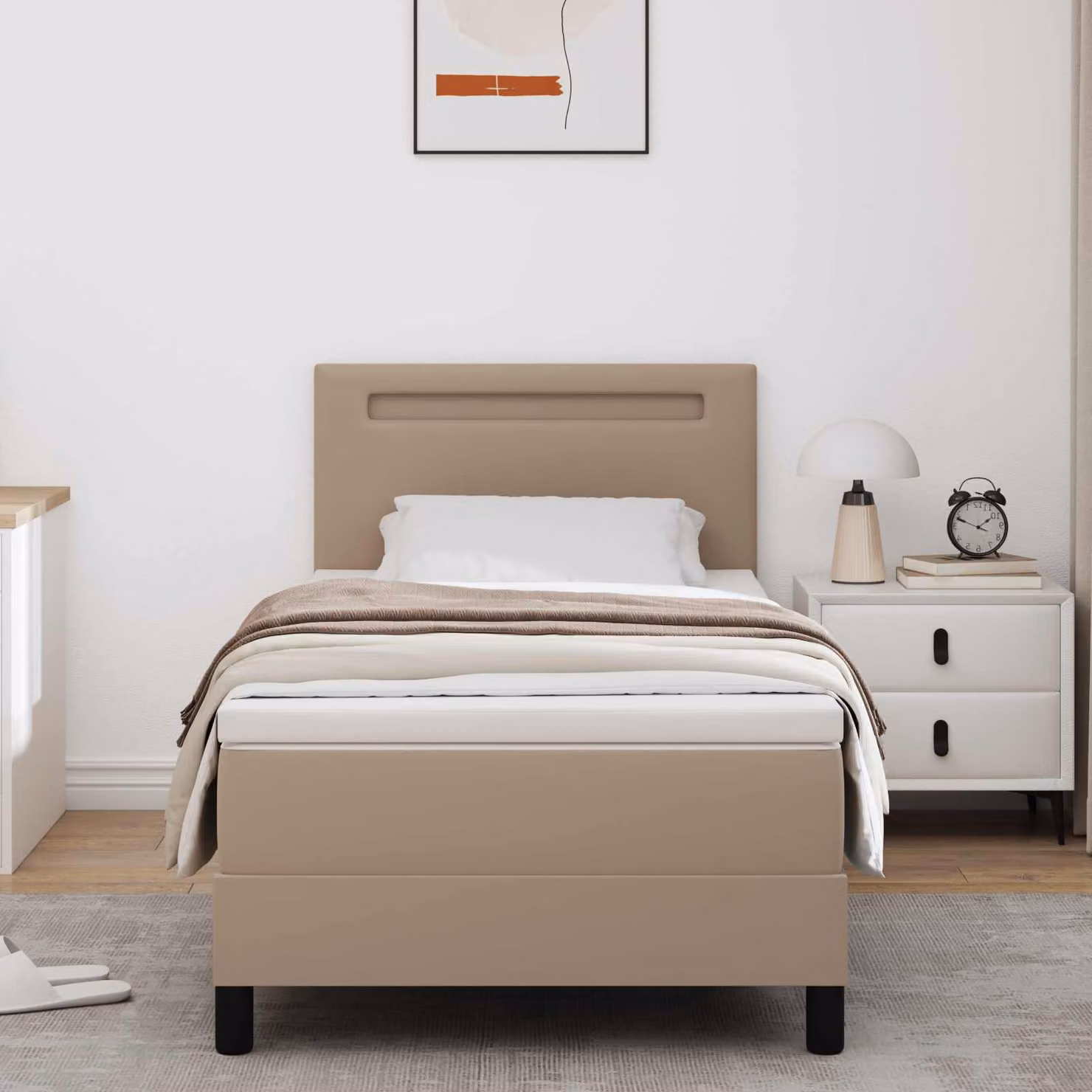 Letto a molle moderno vidaXL in pelle sintetica beige con illuminazione sottostante e porta di ricarica USB, L/P: 100 x 200 cm