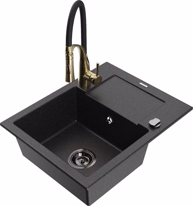 Mexen Enzo lavello in granito a 1 vasca con scolapiatti e rubinetto da cucina Aster, nero/argento metallizzato