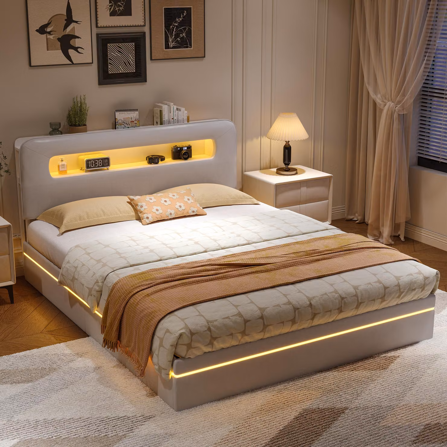Letto imbottito ProximaX con illuminazione a LED 140x200 cm in velluto beige - letto con contenitore idraulico, testata con ripiano e LED integrati su testata e pediera, design moderno e alto livello di comfort