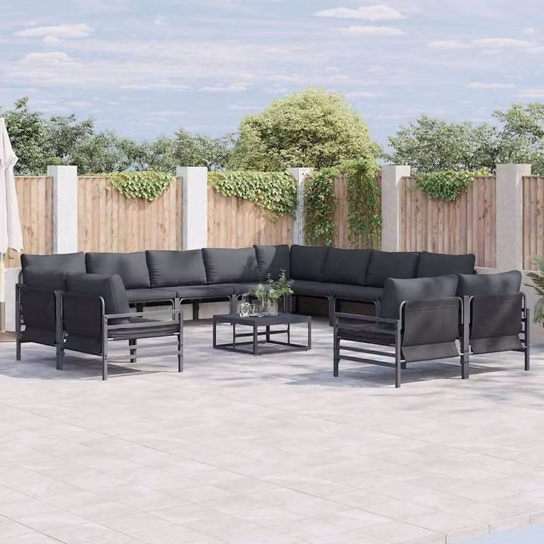 Set Divano da Giardino vidaXL 12 Pezzi a Forma di L con Cuscini Antracite e Nero in Acciaio Verniciato a Polvere