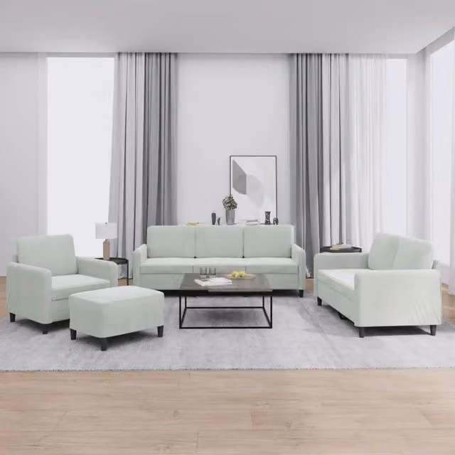 Set di divani 4 pezzi vidaXL in velluto grigio con pouf e cuscini per soggiorno moderno – 1