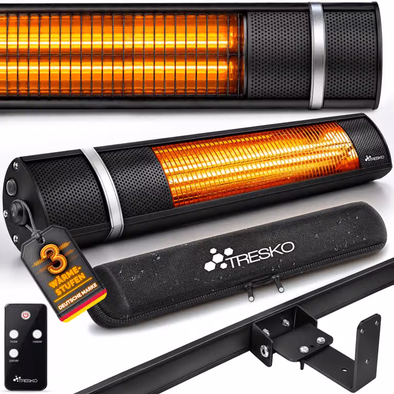 TRESKO riscaldatore radiante a infrarossi 2000W nero con telecomando e copertura | riscaldatore da patio elettrico con 3 impostazioni di calore | riscaldatore da patio per interni e per esterni | riscaldatore radiante a parete riscaldatore a infrarossi ri