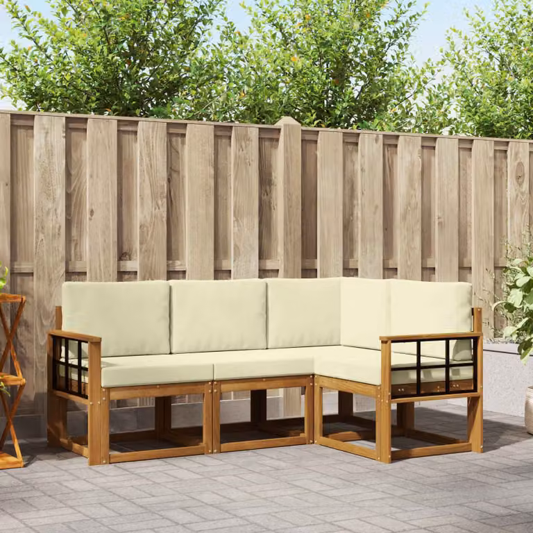 Set di divani da esterno vidaXL 4 pz in legno di acacia con cuscini beige e bianco per giardino e terrazza