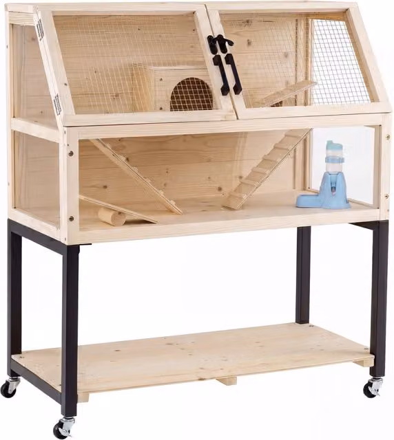 Gabbia a due piani in legno di abete marrone per criceti, scoiattoli e ricci con finestrini in acrilico, ripiano e altalena, dotata di ruote, L: 87 cm, P: 42 cm, H: 101 cm – 1