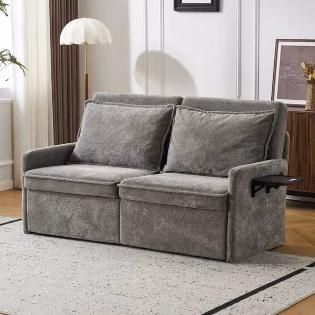 Divano letto con schienale regolabile e porte USB e Type-C in chenille grigio