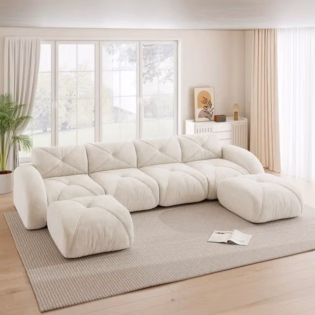 Divano modulare a U Zephmum bianco con 2 pouf coordinati, design moderno in tessuto per il tuo living