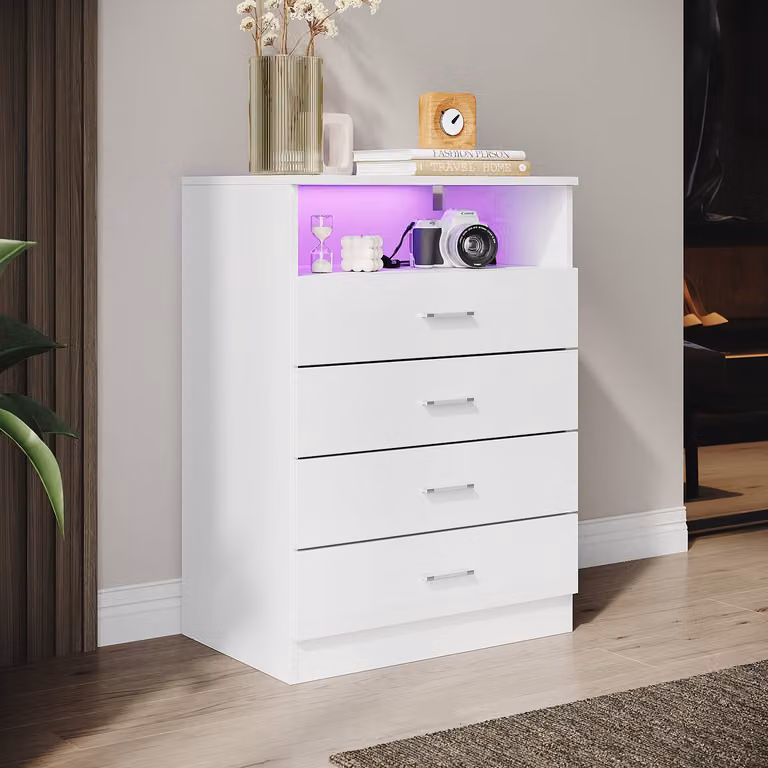 Cassettiera SONNI bianca lucida con 4 cassetti e vani a giorno 60x40x83cm con illuminazione a LED Adatta per soggiorno camera da letto