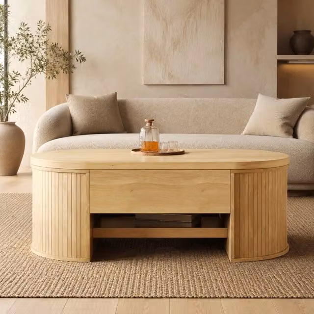Tavolino da salotto regolabile in altezza con lati in legno curvato e ripiano estraibile, 110x55,5x40 cm, colore legno