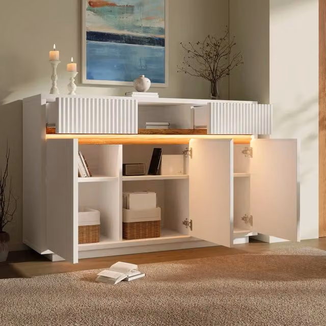 Credenza bianca moderna con LED; 140x40x85 cm; in MDF e truciolare