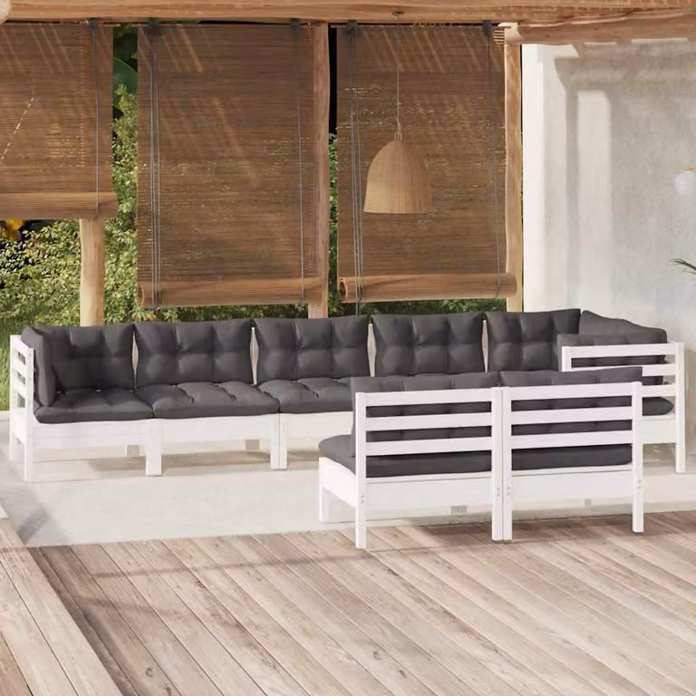 Set di divani da giardino vidaXL 8 pezzi in legno di pino con cuscini bianchi e antracite a forma di L