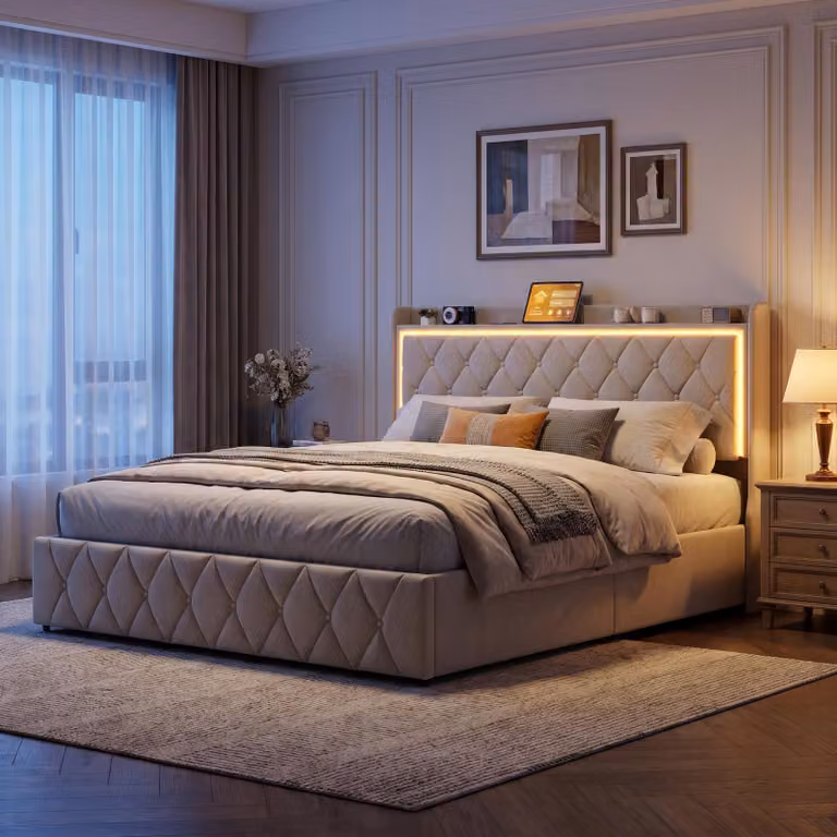 Letto imbottito INONEFT, modello boxspring, 140x200 cm, con illuminazione LED e funzione di ricarica USB, letto per giovani o matrimoniale, con rete a doghe, sistema di sollevamento idraulico per lo spazio contenitivo, rivestito in velluto, colore beige