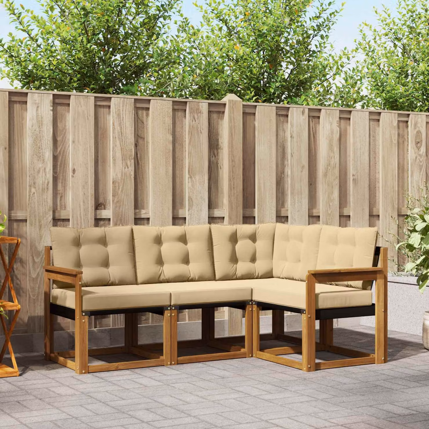 Set di divani da esterno vidaXL a forma di L in legno di acacia e textilene, colore marrone e beige, composto da 4 pezzi con cuscini inclusi
