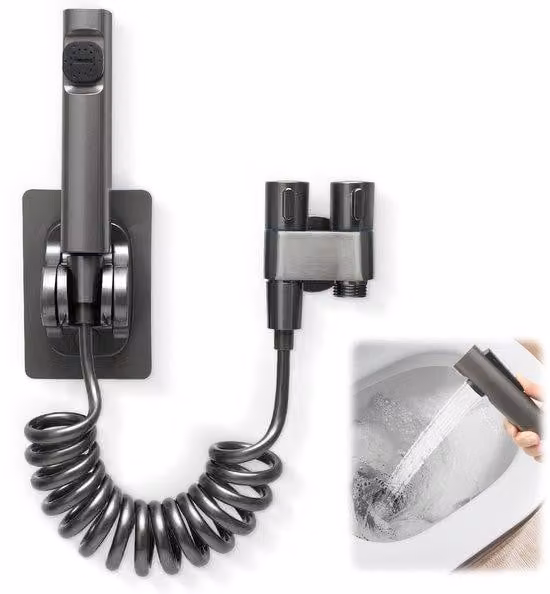 Set per bidet con doccetta manuale, realizzato in lega di zinco, con doppia funzione, dotato di tubo a spirale da 2 metri, valvola, sistema di avvolgimento automatico, supporto a parete (7,5 cm) per l'installazione in bagno, in giardino o vicino al water