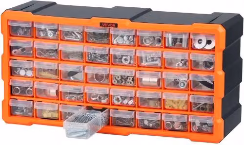 Organizer per minuteria VEVOR con 40 cassetti, cassettiera impilabile da parete in plastica per viti, bulloni e ferramenta, nero e arancione