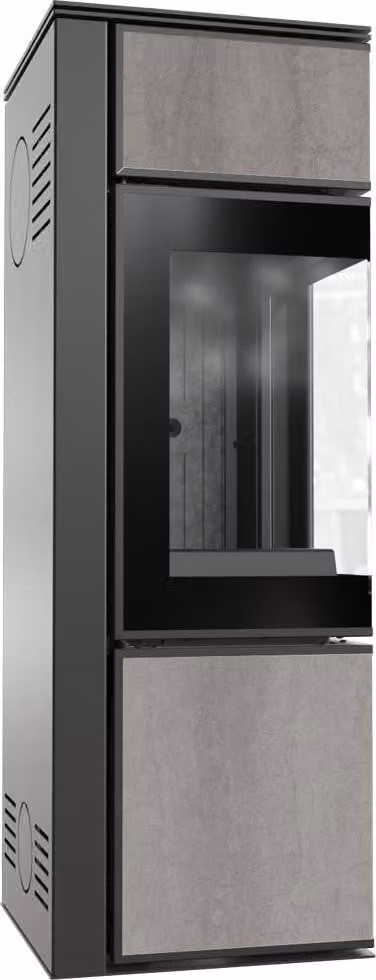 Stufa in acciaio KRATKI TORA/S 8 kW Ø 150 sinterizzato al quarzo NATURALI PIETRA DI SAVOIA GRIGIA BOCCIARDATA rivestimento nero con porta a molla