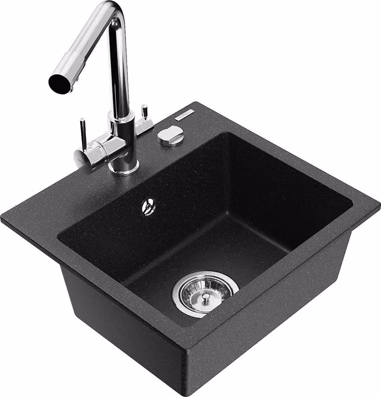 Mexen Milo lavello in granito a 1 vasca con miscelatore cucina Duero, nero/argento metallizzato - 6505-73-671600-00