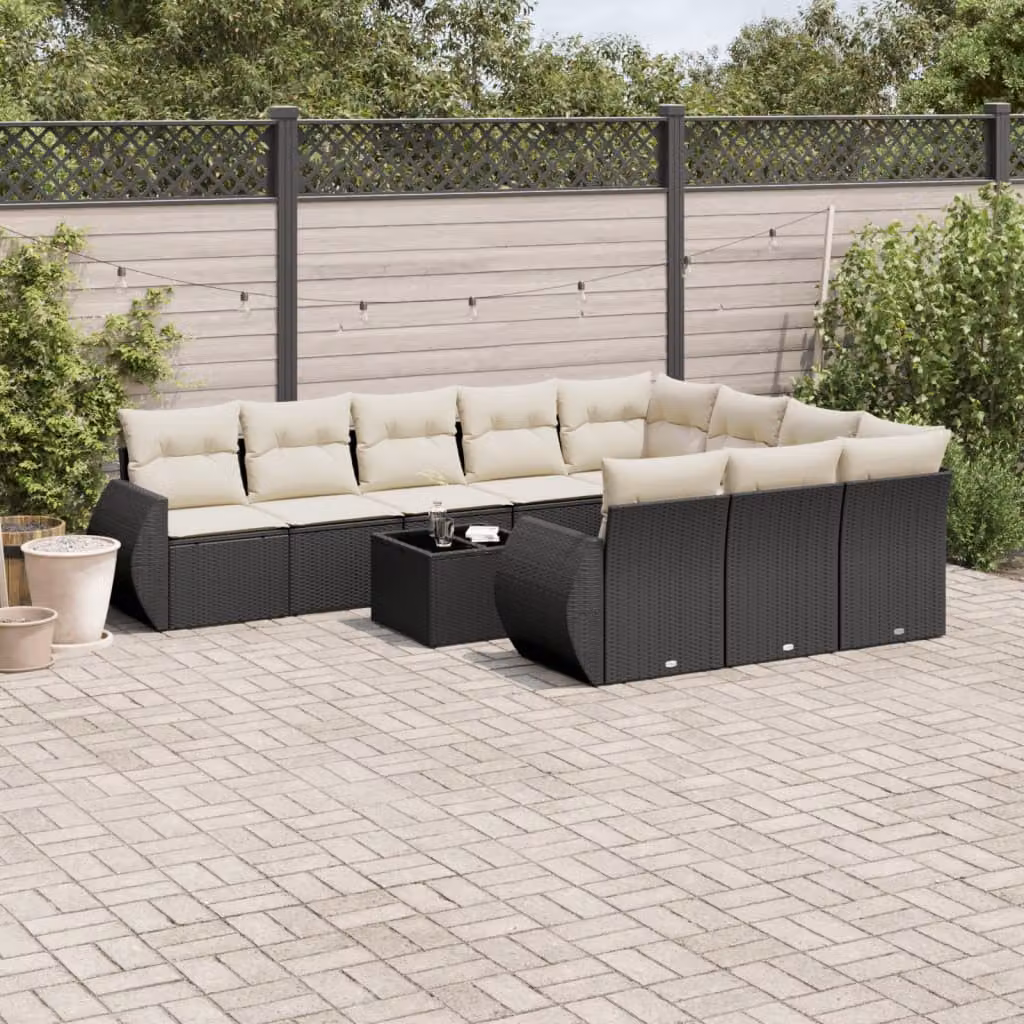 vidaXL Set Divani da Giardino 11 pz a Forma a U con Cuscini e Tavolino in Polyrattan Nero e Bianco – 1