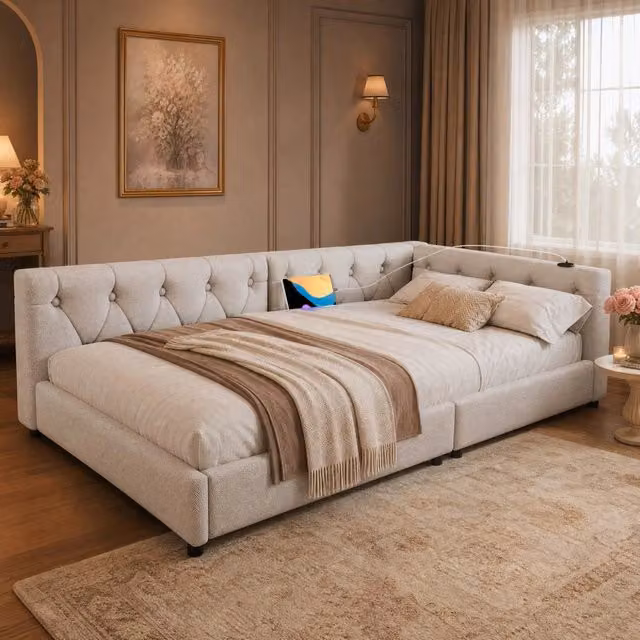 Letto singolo divano letto 90 × 200 cm con rete a doghe illuminazione LED integrata USB Type C lino beige testiera con bottoni