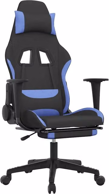 Sedia da Gaming Sportiva in Tessuto con Poggiatesta e Ruote, Nero e Blu – 1