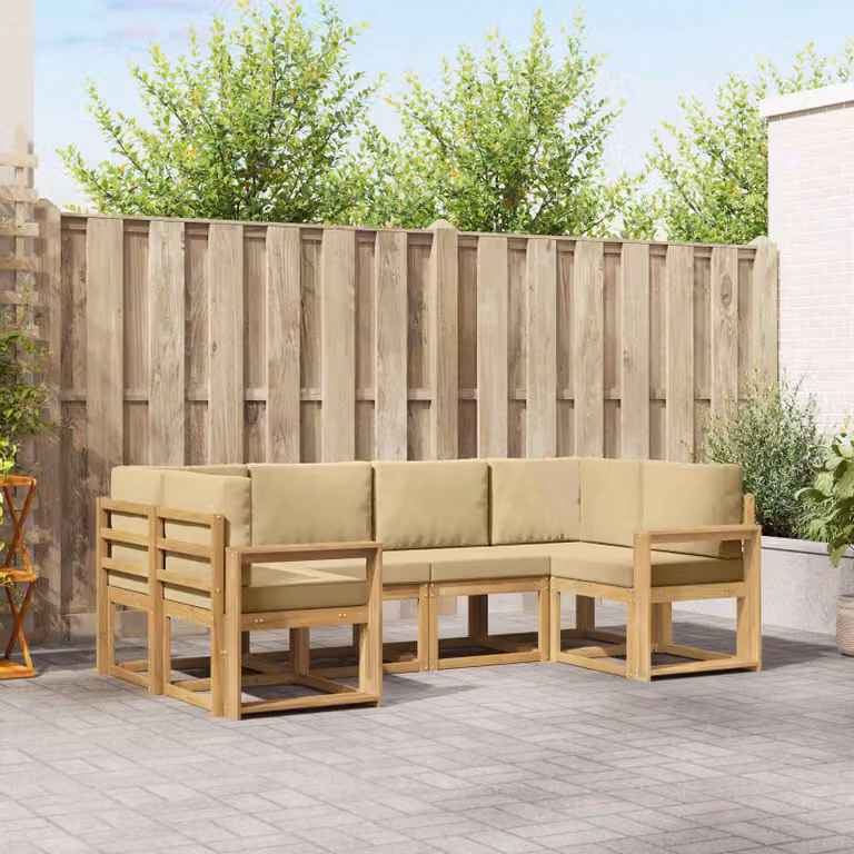 Set di divani da esterno vidaXL a forma di L composto da 6 pezzi in legno di acacia con cuscini, Bianco e Beige