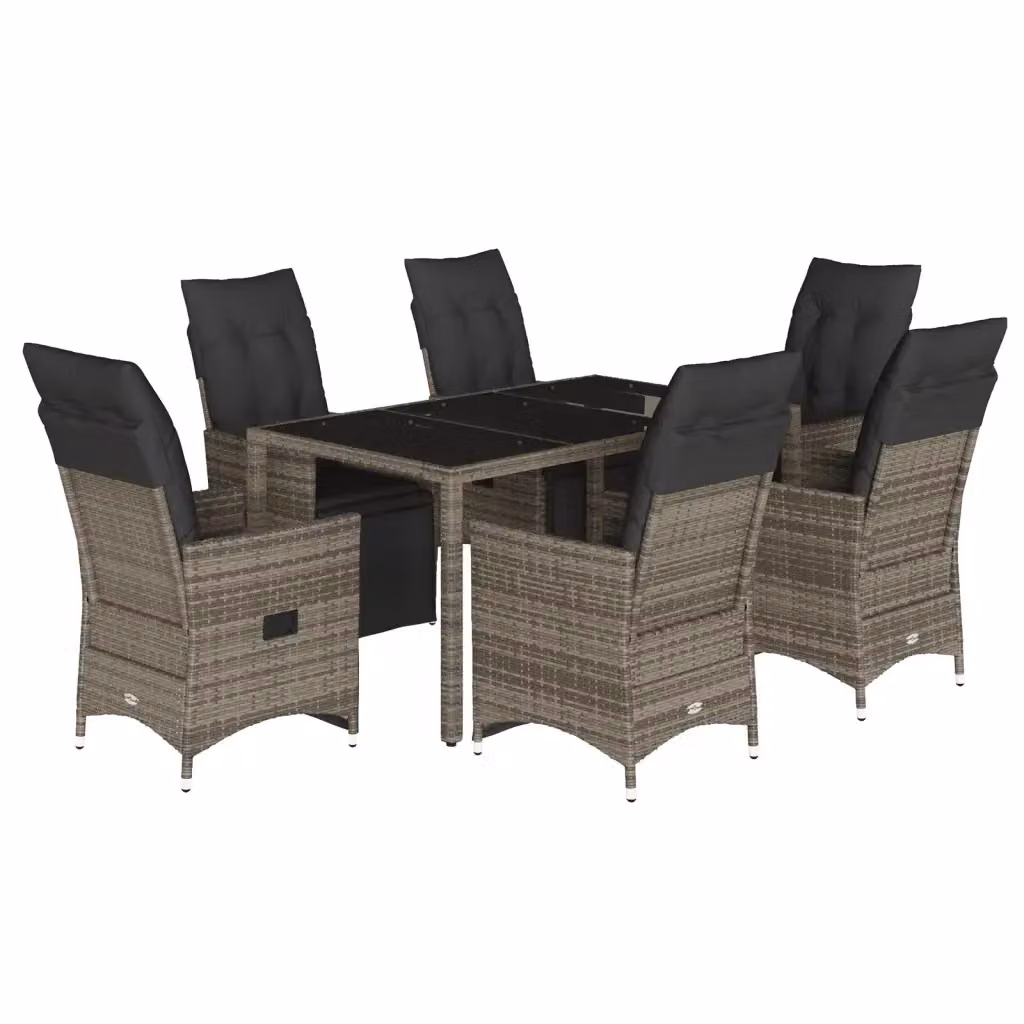 Set Bistrò da Giardino vidaXL 7 pz in Polyrattan Grigio con Cuscini e Piano in Vetro – 2