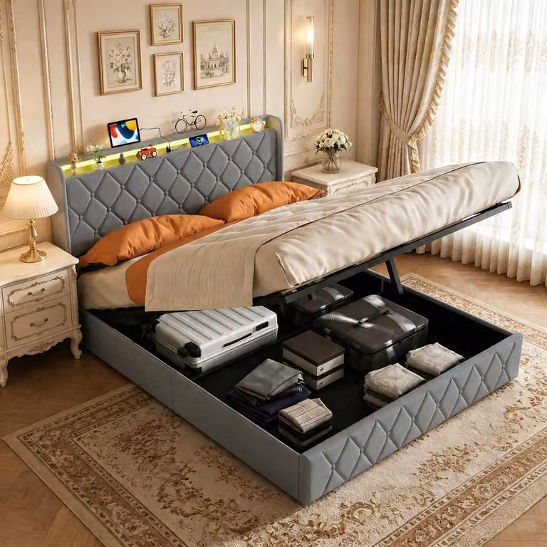 Letto matrimoniale con boxspring INONEFT, 160x200 cm, imbottito con LED e USB, letto con sistema di sollevamento idraulico e contenitore, adatto anche per ragazzi, rivestito in velluto, colore grigio scuro