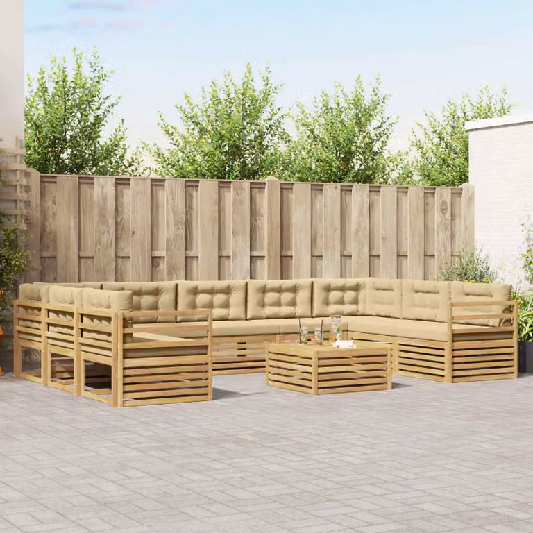 Set di divani da esterno vidaXL a forma di U in legno di acacia con cuscini, Bianco e Beige
