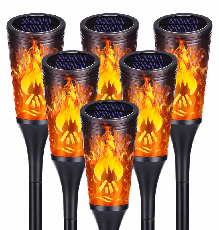 6 lanterne solari con effetto fiamma, grado di protezione IP65, ideali per giardino e prato