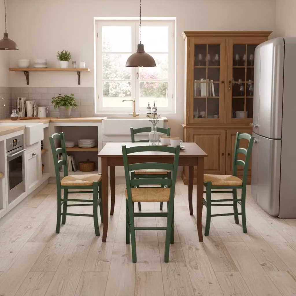 Set tavolo e 4 sedie in legno stile shabby chic Mobili 2G, L/P: 80 x 80 cm, Colore verde e marrone – 2