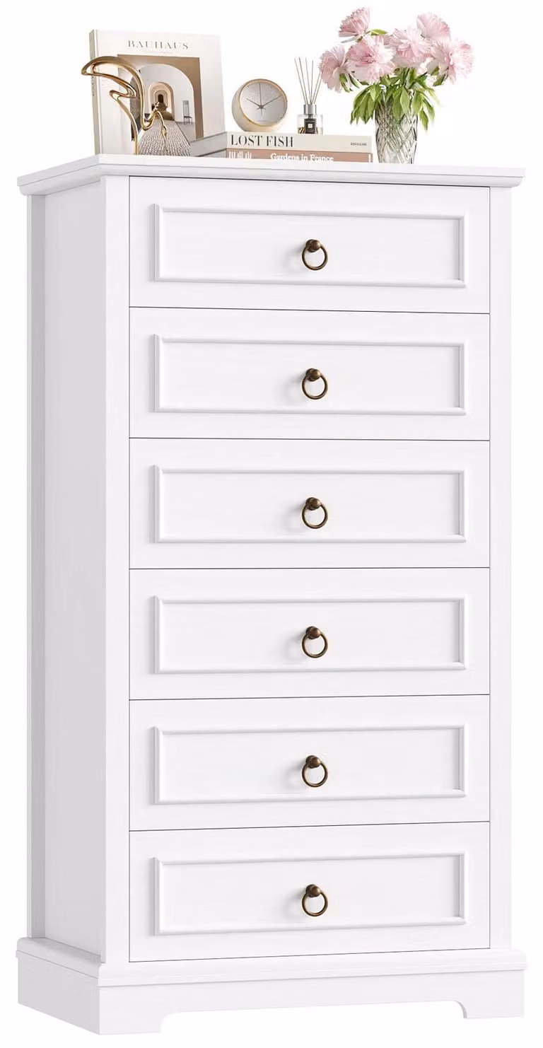 Comò - Comò alto a 6 cassetti - Struttura in legno da 131 cm - Maniglie ad anello in bronzo - Per soggiorno e camera da letto - Bianco